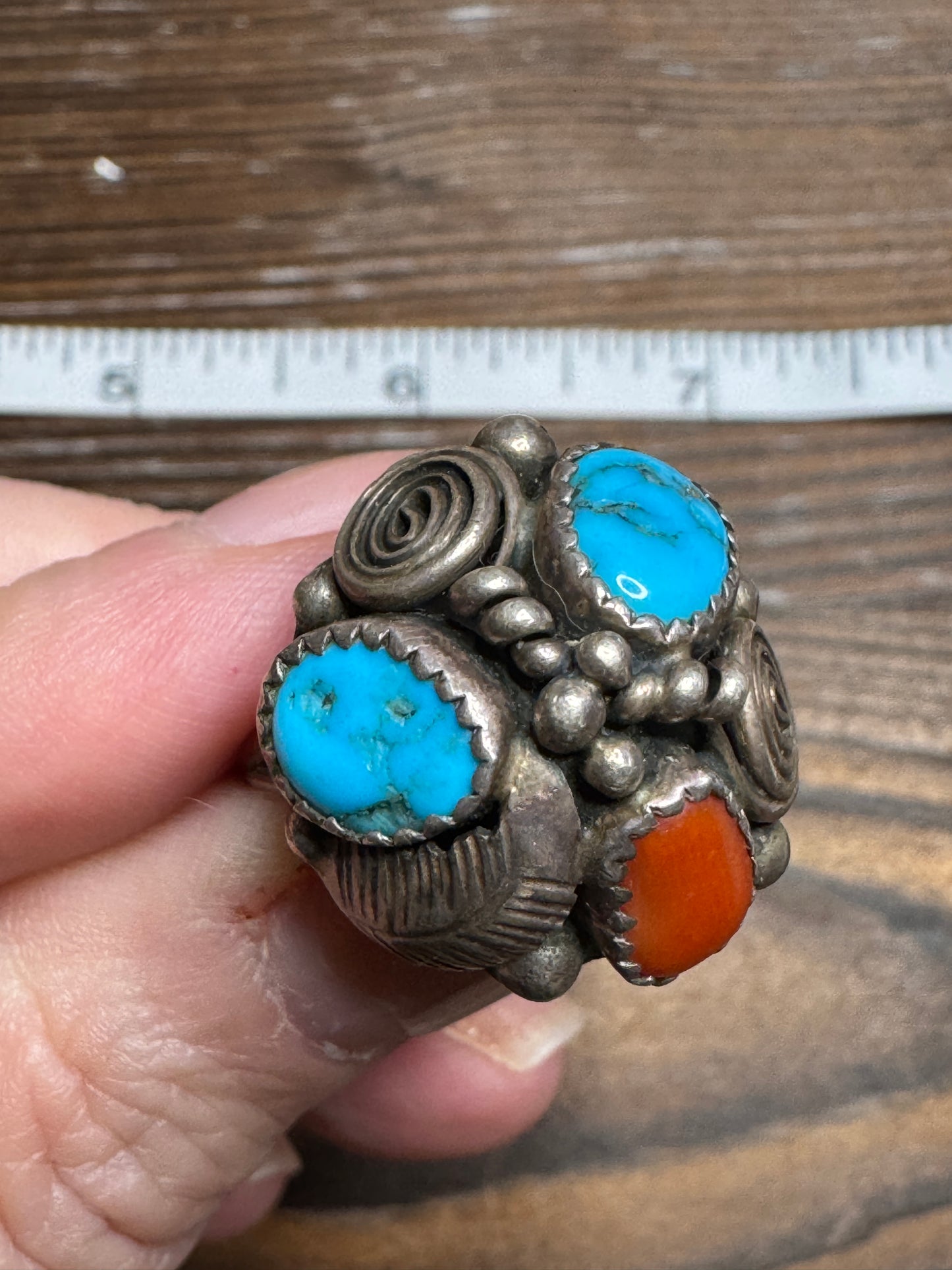 Vintage Native American Turquoise Coral Sterling Ring Cluster Size 8.5