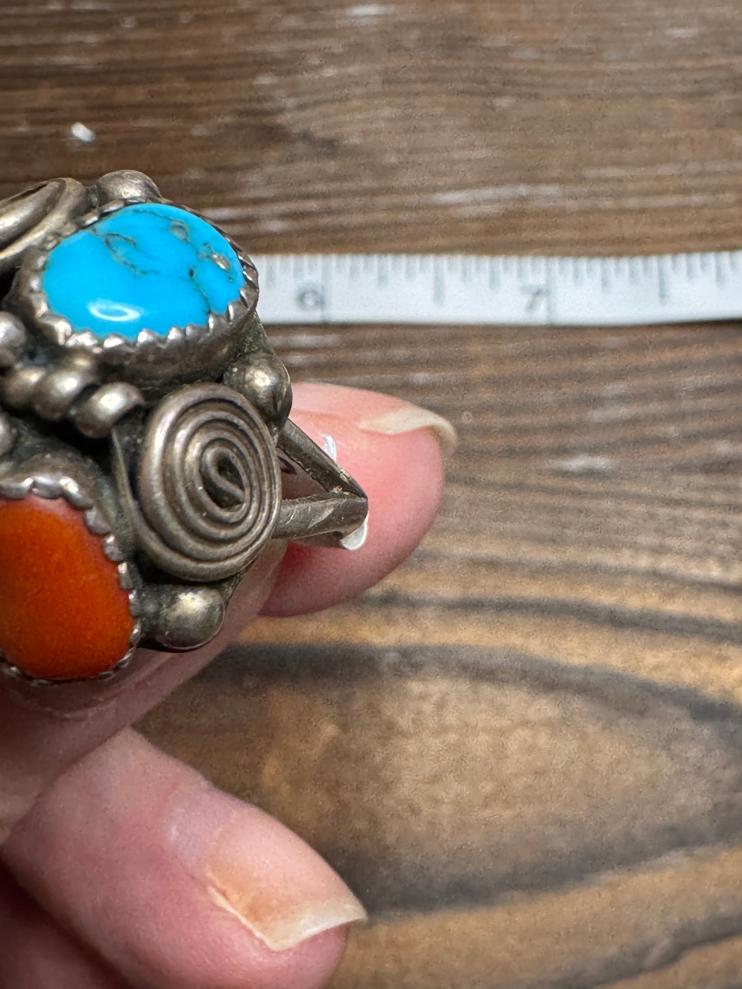 Vintage Native American Turquoise Coral Sterling Ring Cluster Size 8.5