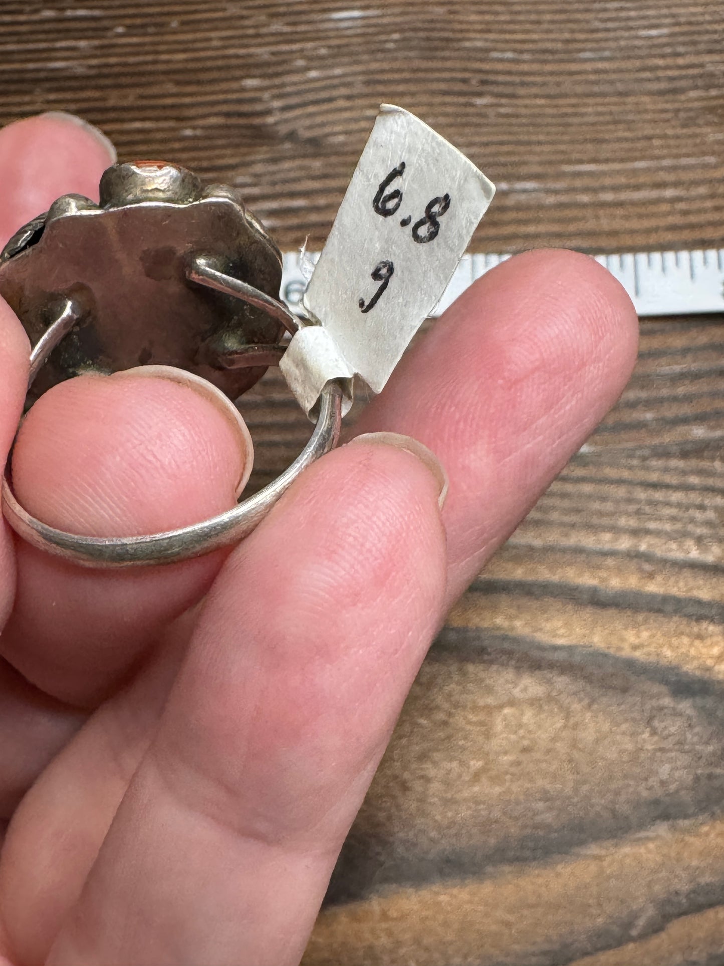 Vintage Native American Turquoise Coral Sterling Ring Cluster Size 8.5