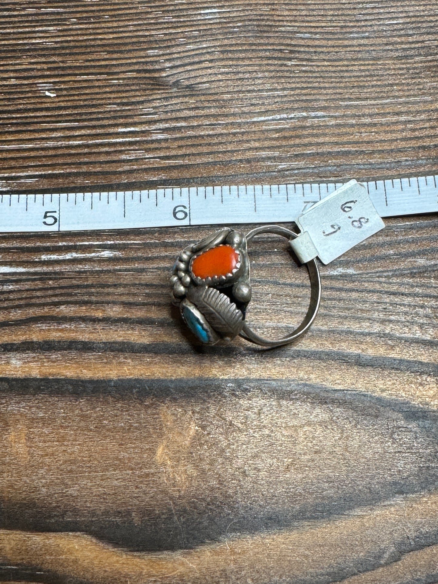 Vintage Native American Turquoise Coral Sterling Ring Cluster Size 8.5