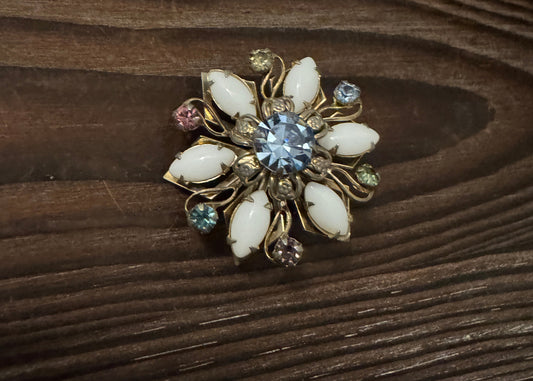 Vintage Lucite Floral Brooch with Multicolor Rhinestones