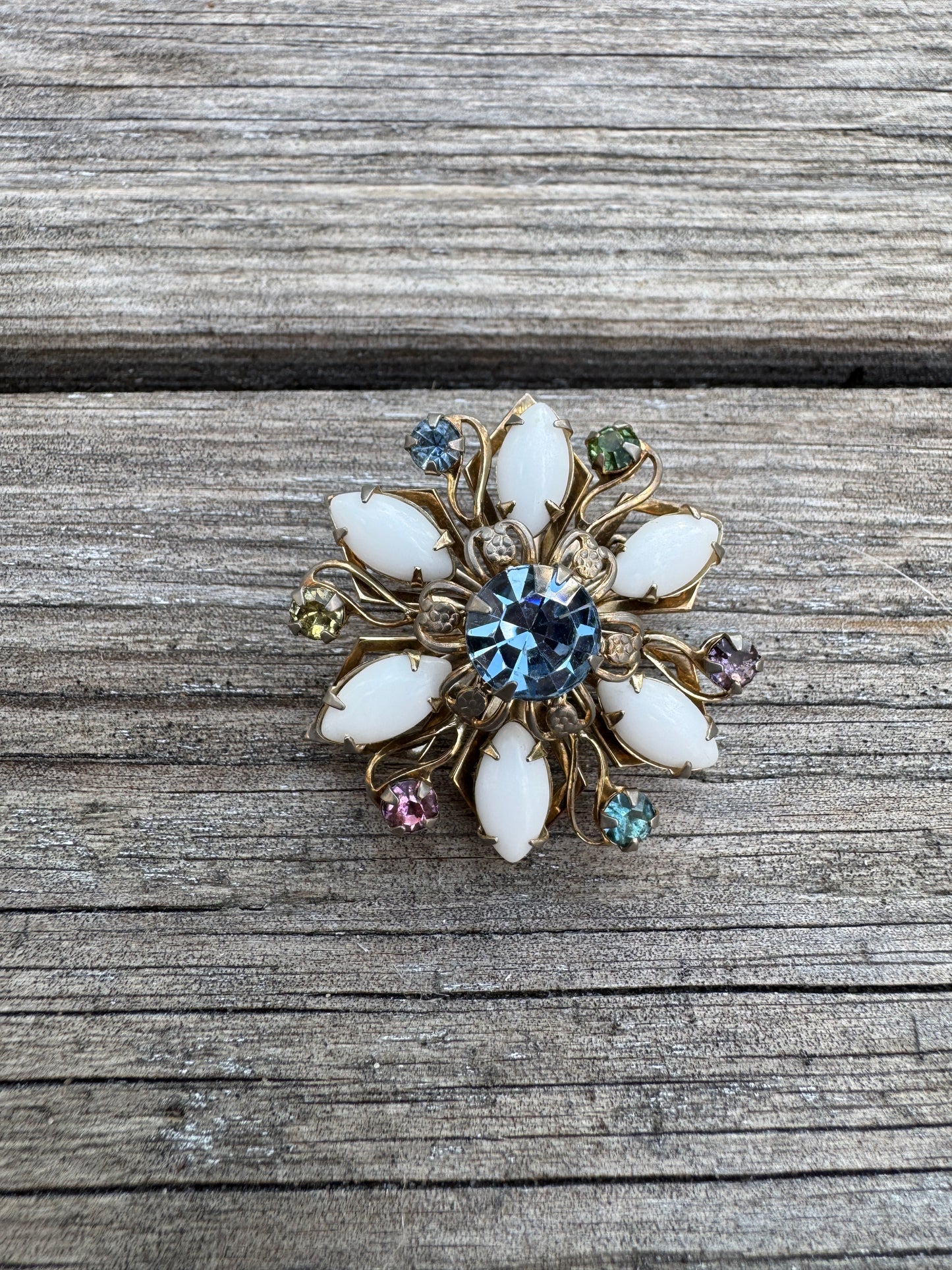 Vintage Lucite Floral Brooch with Multicolor Rhinestones
