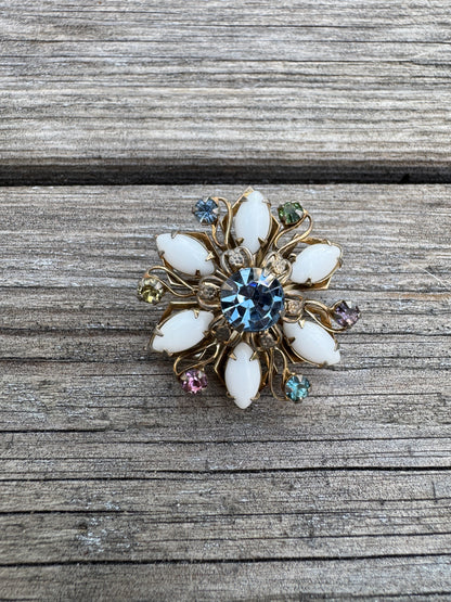 Vintage Lucite Floral Brooch with Multicolor Rhinestones