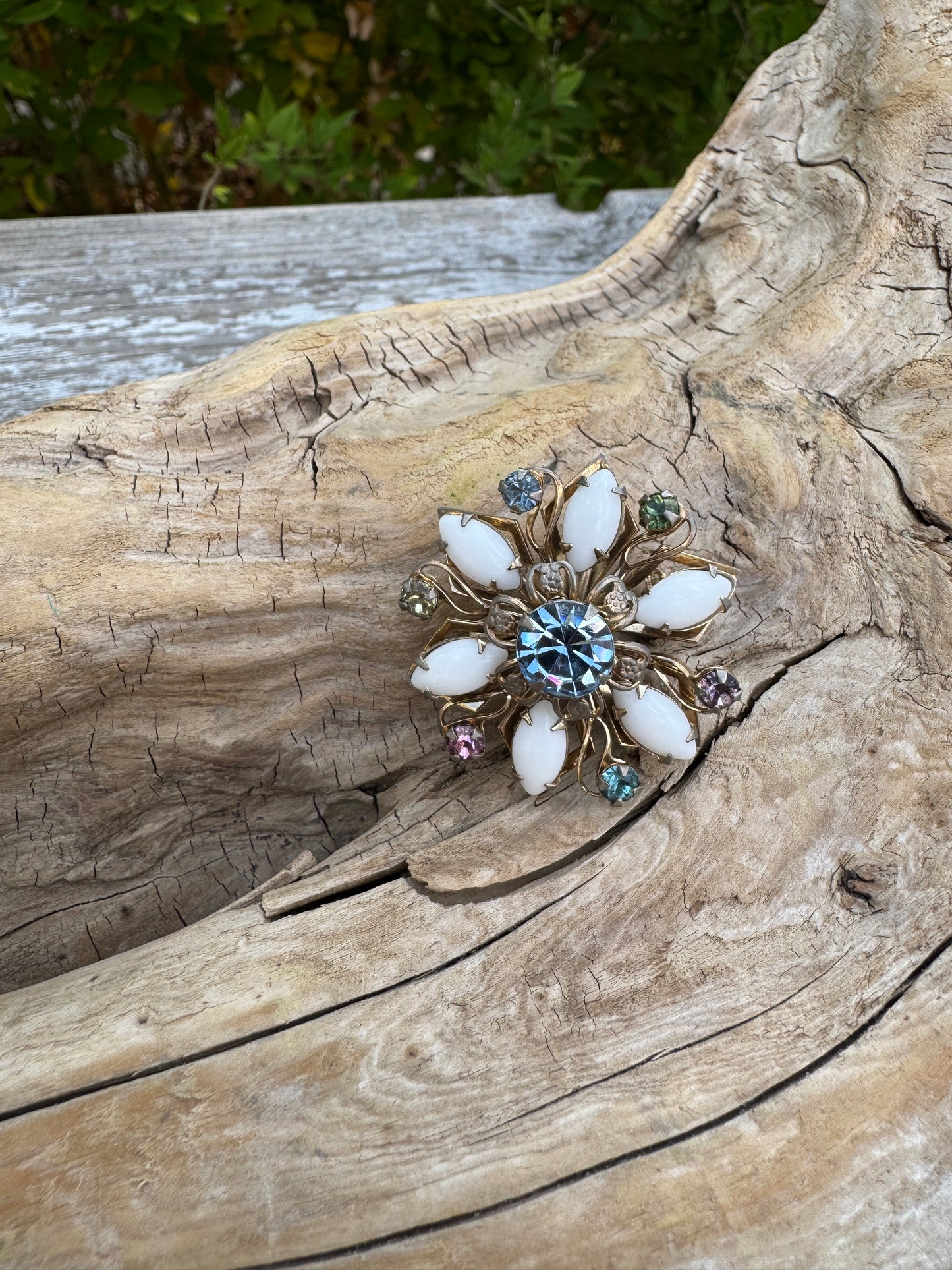 Vintage Lucite Floral Brooch with Multicolor Rhinestones