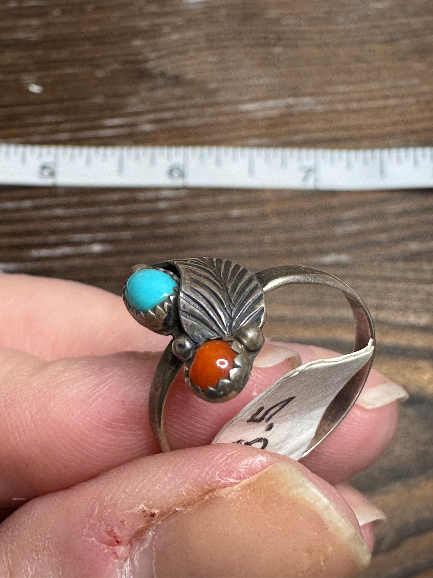Vintage Sterling Silver Turquoise Coral Feather Ring SouthwesternSize 8.5