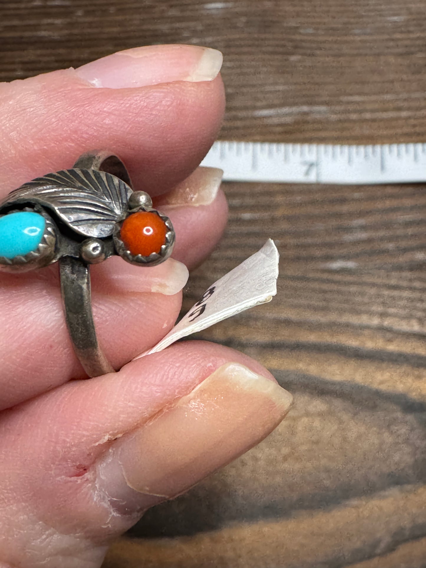 Vintage Sterling Silver Turquoise Coral Feather Ring SouthwesternSize 8.5