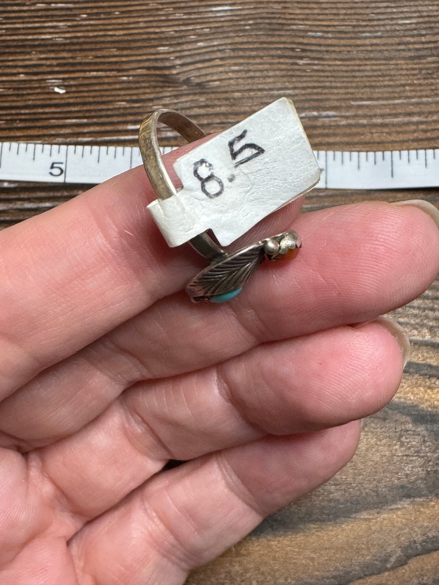 Vintage Sterling Silver Turquoise Coral Feather Ring SouthwesternSize 8.5