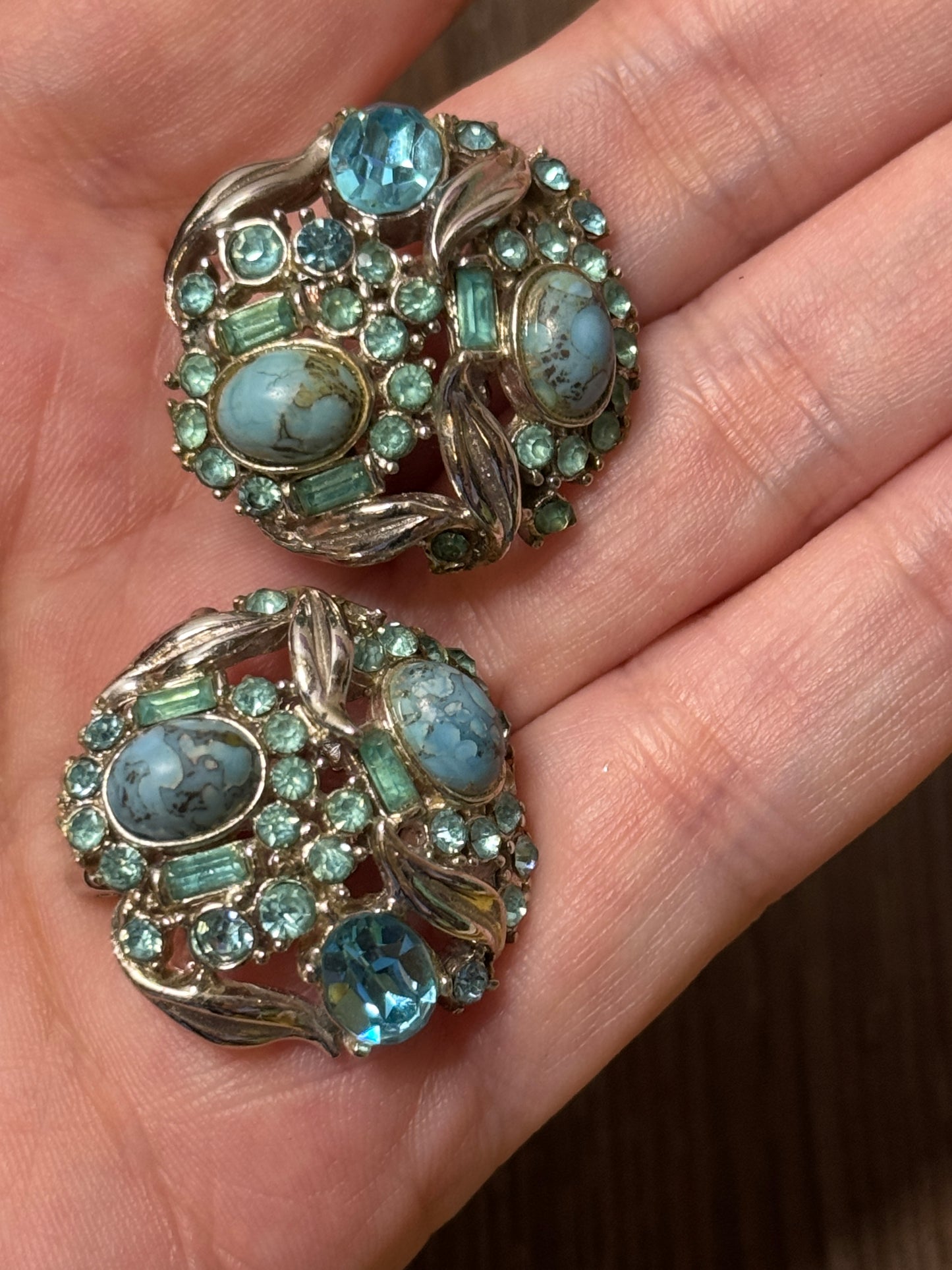 Vintage 1950 Hollycraft Blue Rhinestone & Art Glass Clip Earrings