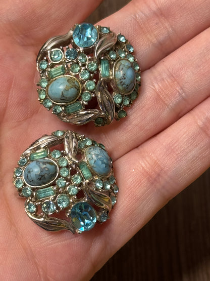 Vintage 1950 Hollycraft Blue Rhinestone & Art Glass Clip Earrings