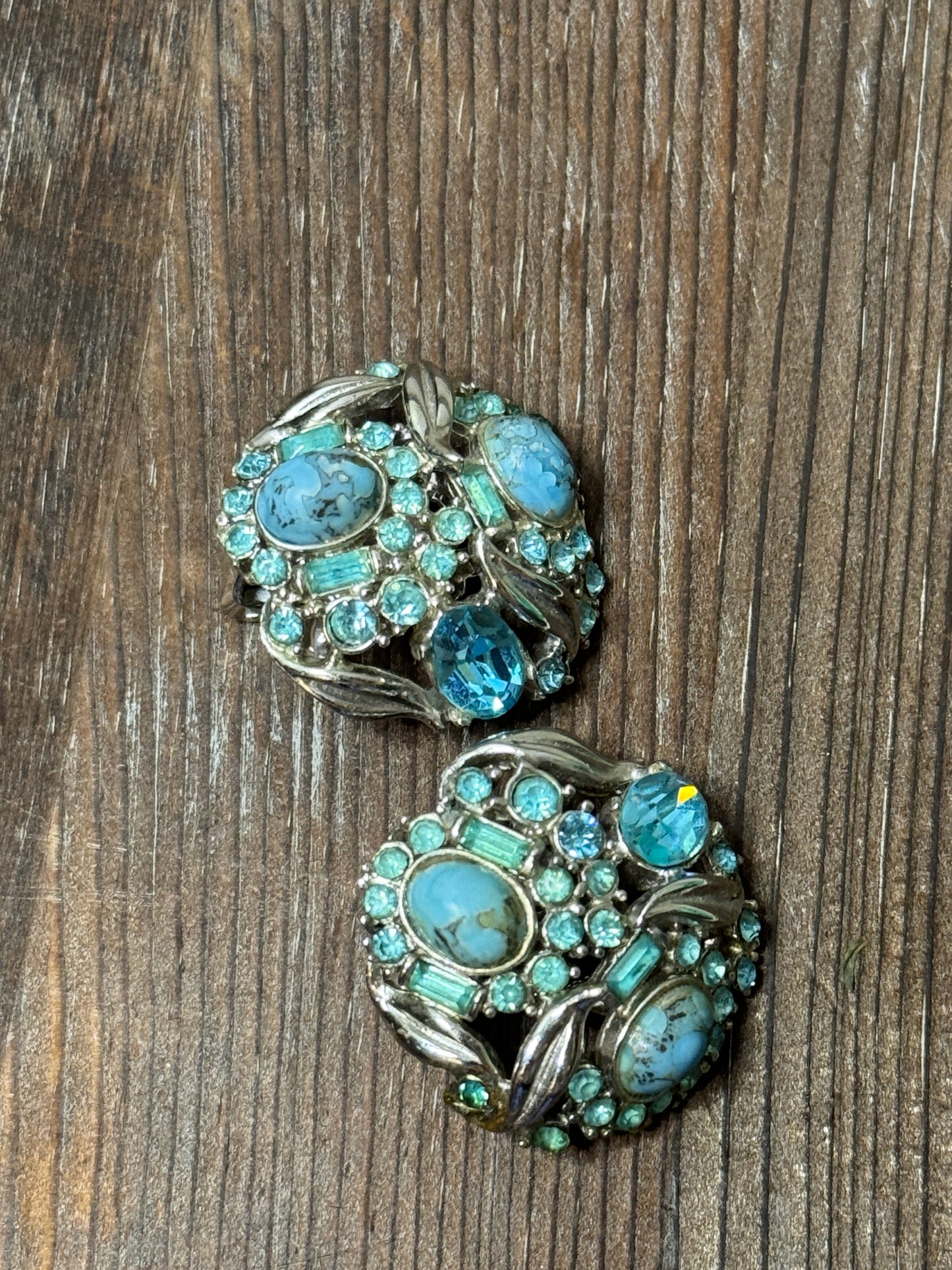 Vintage 1950 Hollycraft Blue Rhinestone & Art Glass Clip Earrings