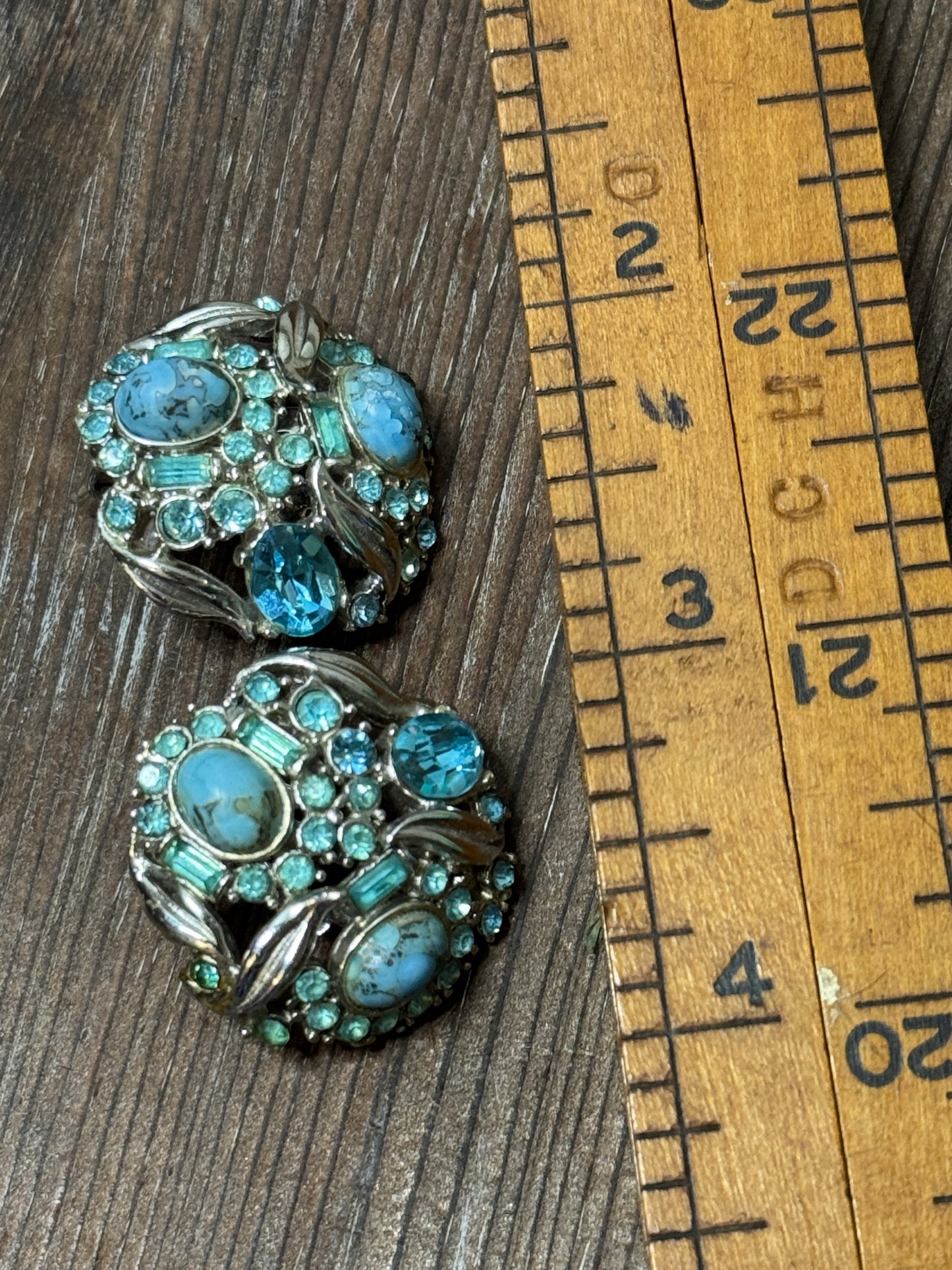 Vintage 1950 Hollycraft Blue Rhinestone & Art Glass Clip Earrings