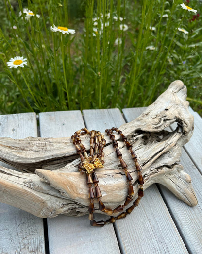 Vintage Brown Glass/Shell Bead Necklace Long Graduated Boho