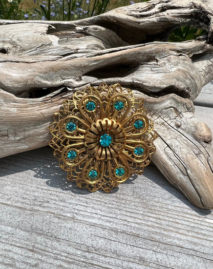 Vintage Filigree Aqua Blue Rhinestone Flower Brooch Pin Large