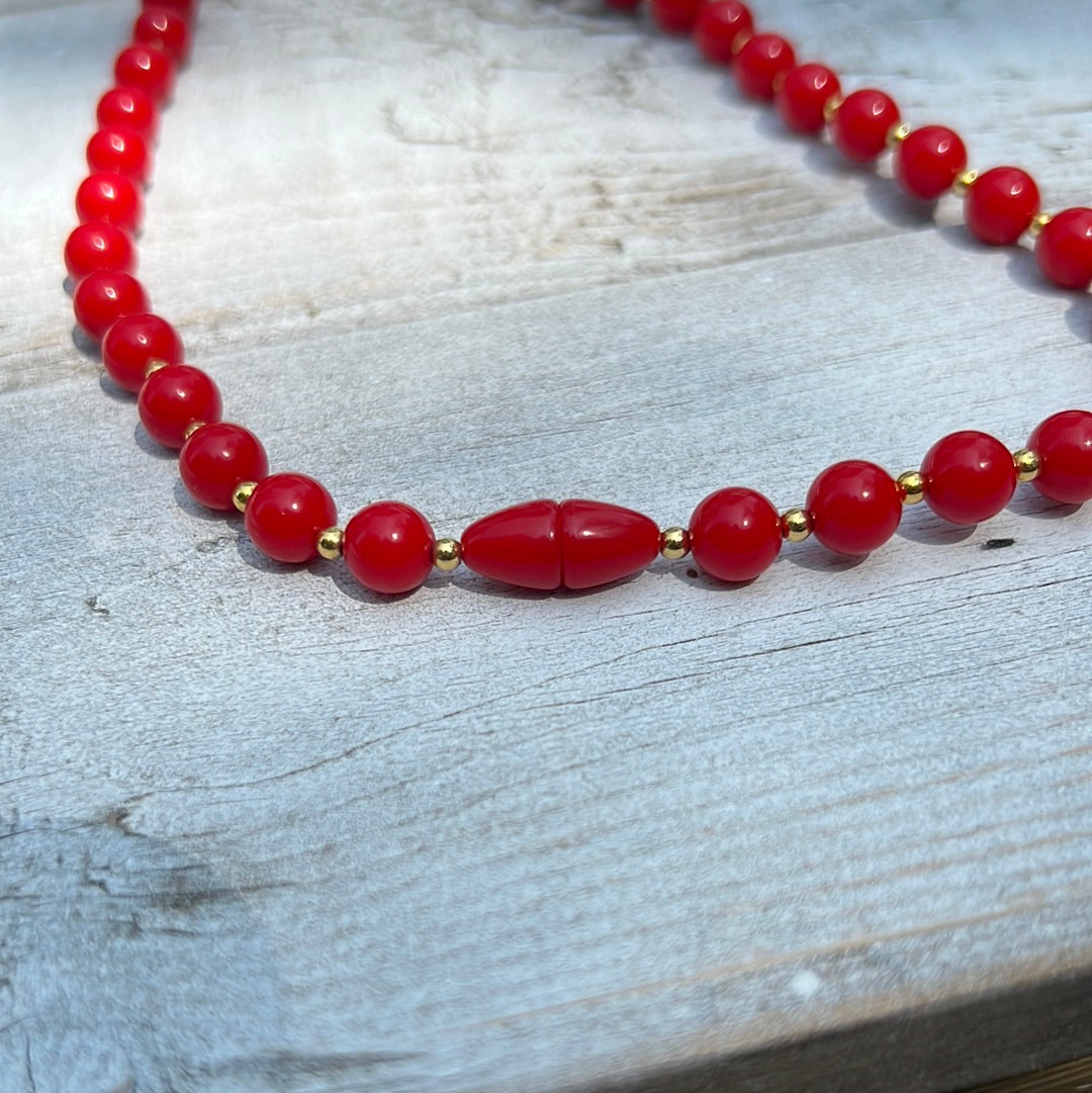 Vintage Red Beaded Necklace + Earring