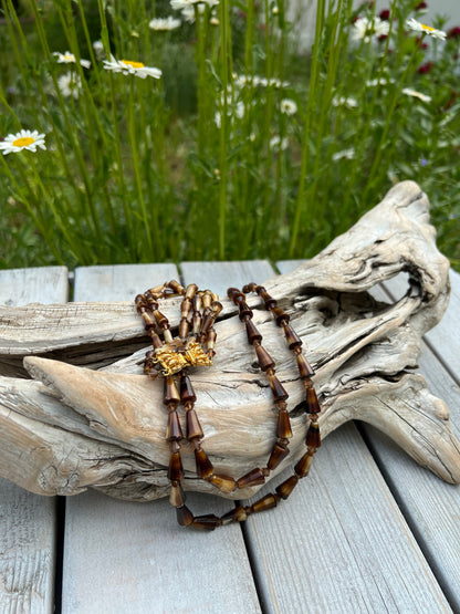 Vintage Brown Glass/Shell Bead Necklace Long Graduated Boho