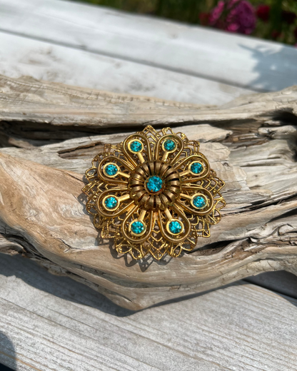 Vintage Filigree Aqua Blue Rhinestone Flower Brooch Pin Large