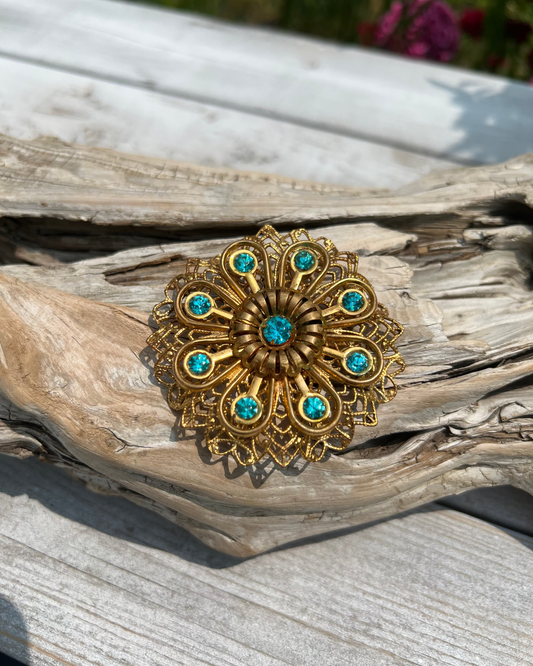Vintage Filigree Aqua Blue Rhinestone Flower Brooch Pin Large