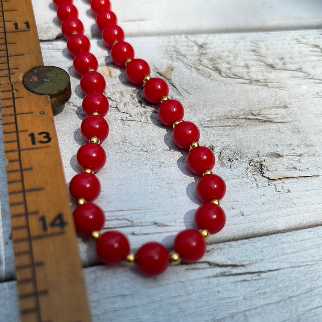 Vintage Red Beaded Necklace + Earring