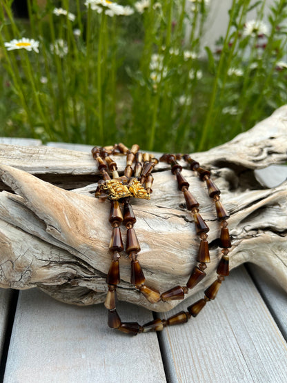 Vintage Brown Glass/Shell Bead Necklace Long Graduated Boho