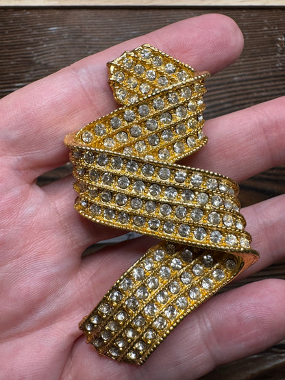 Vintage Ivana Rhinestone Ribbon Bow Brooch Pin Gold Tone Large Pave