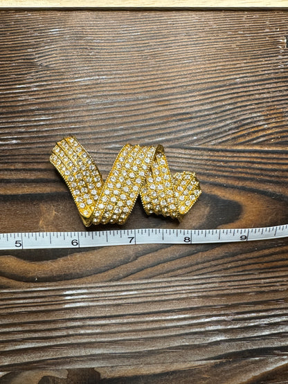 Vintage Ivana Rhinestone Ribbon Bow Brooch Pin Gold Tone Large Pave