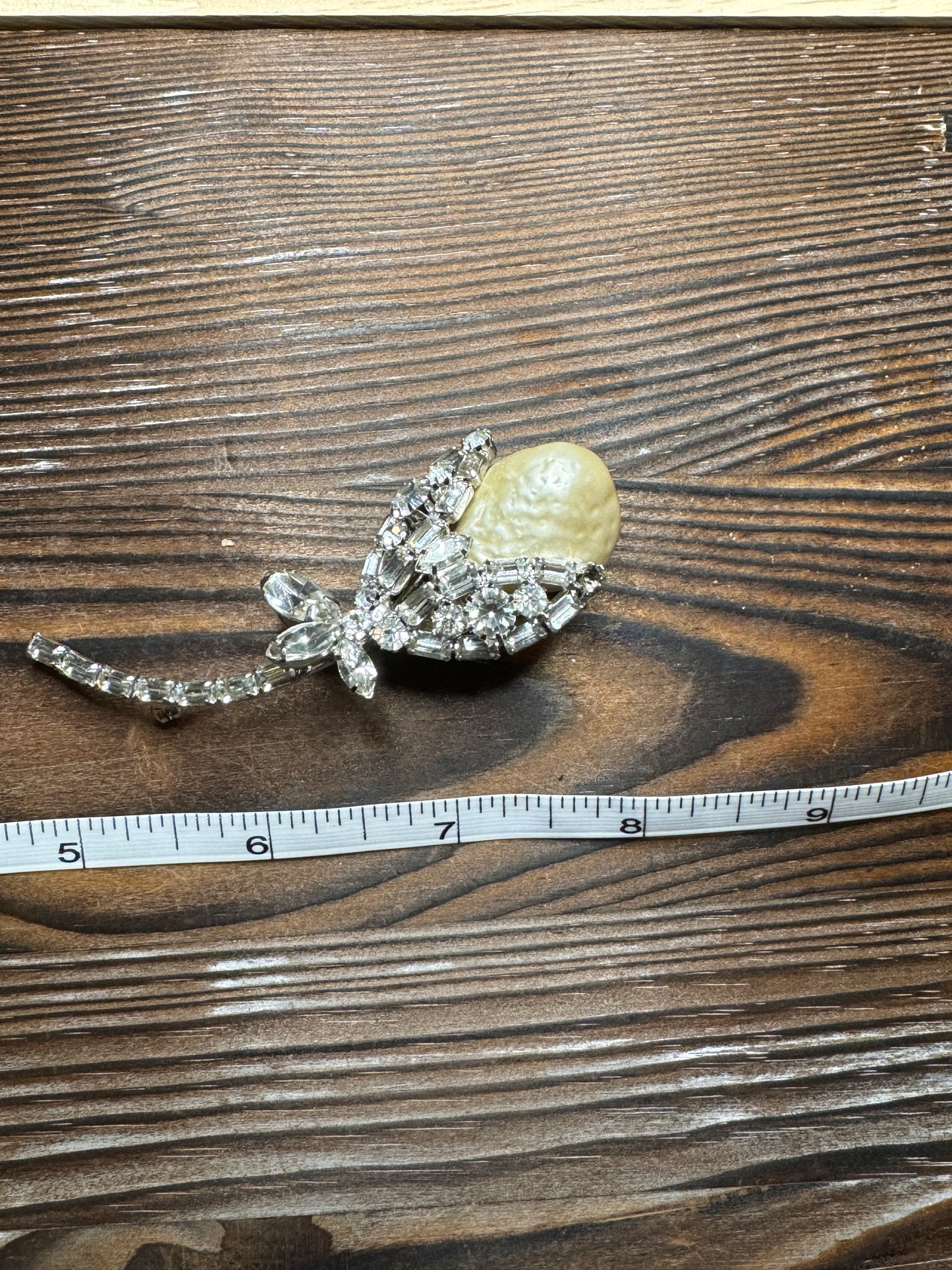 Vintage Faux Pearl Rhinestone Flower Brooch Pin Silver Tone Large