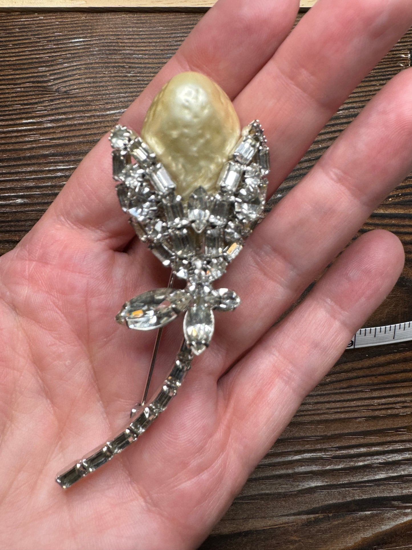 Vintage Faux Pearl Rhinestone Flower Brooch Pin Silver Tone Large