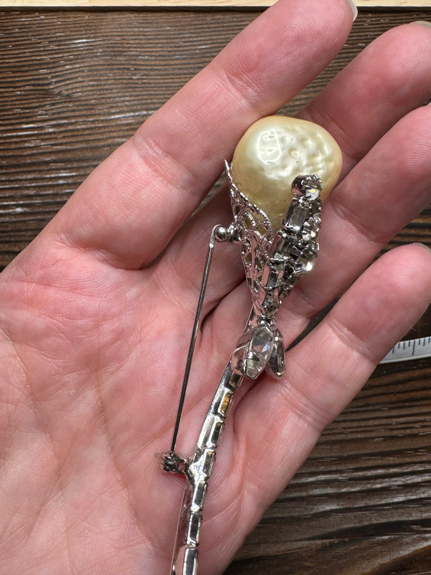 Vintage Faux Pearl Rhinestone Flower Brooch Pin Silver Tone Large