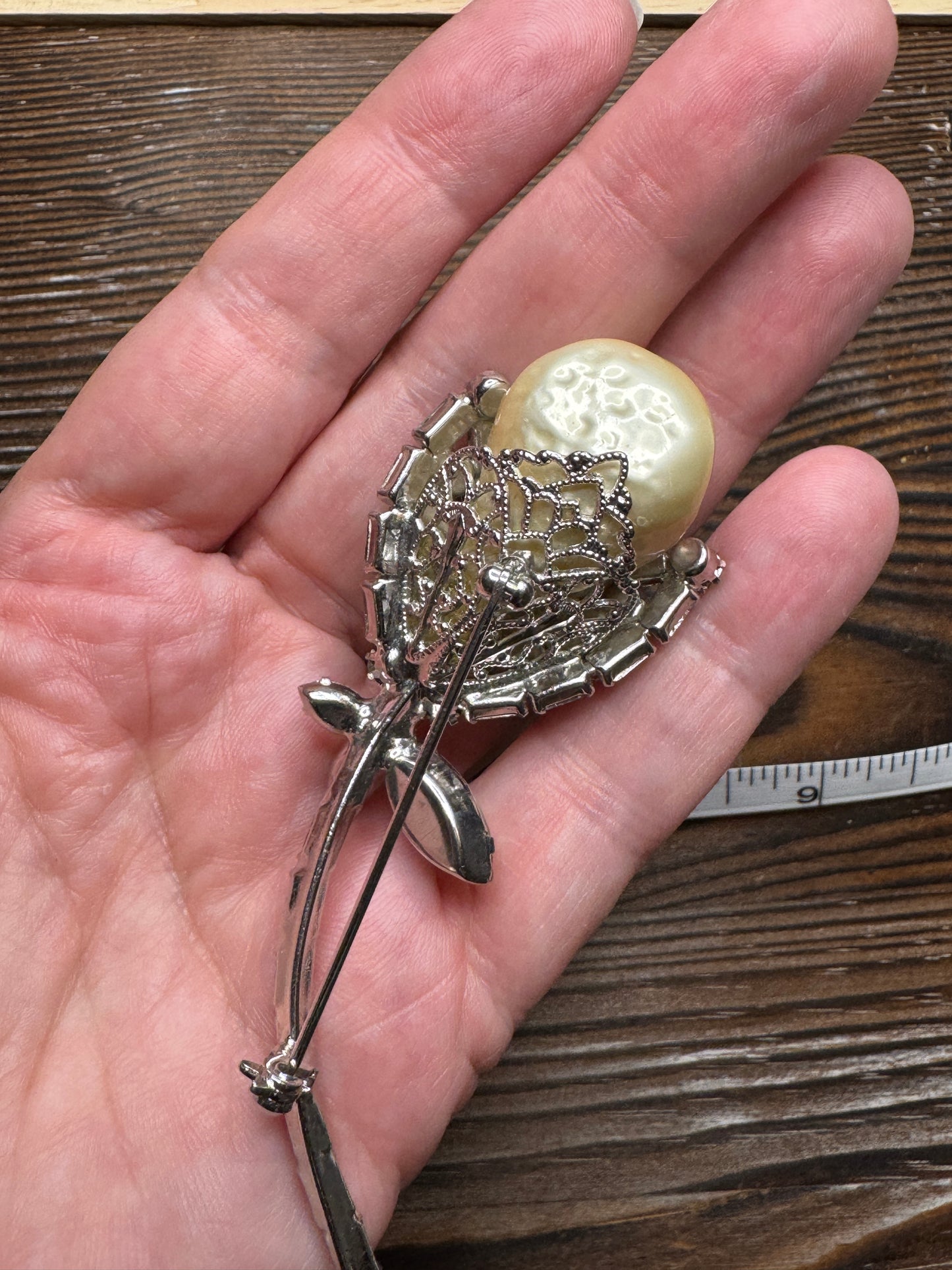 Vintage Faux Pearl Rhinestone Flower Brooch Pin Silver Tone Large