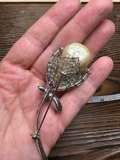 Vintage Faux Pearl Rhinestone Flower Brooch Pin Silver Tone Large