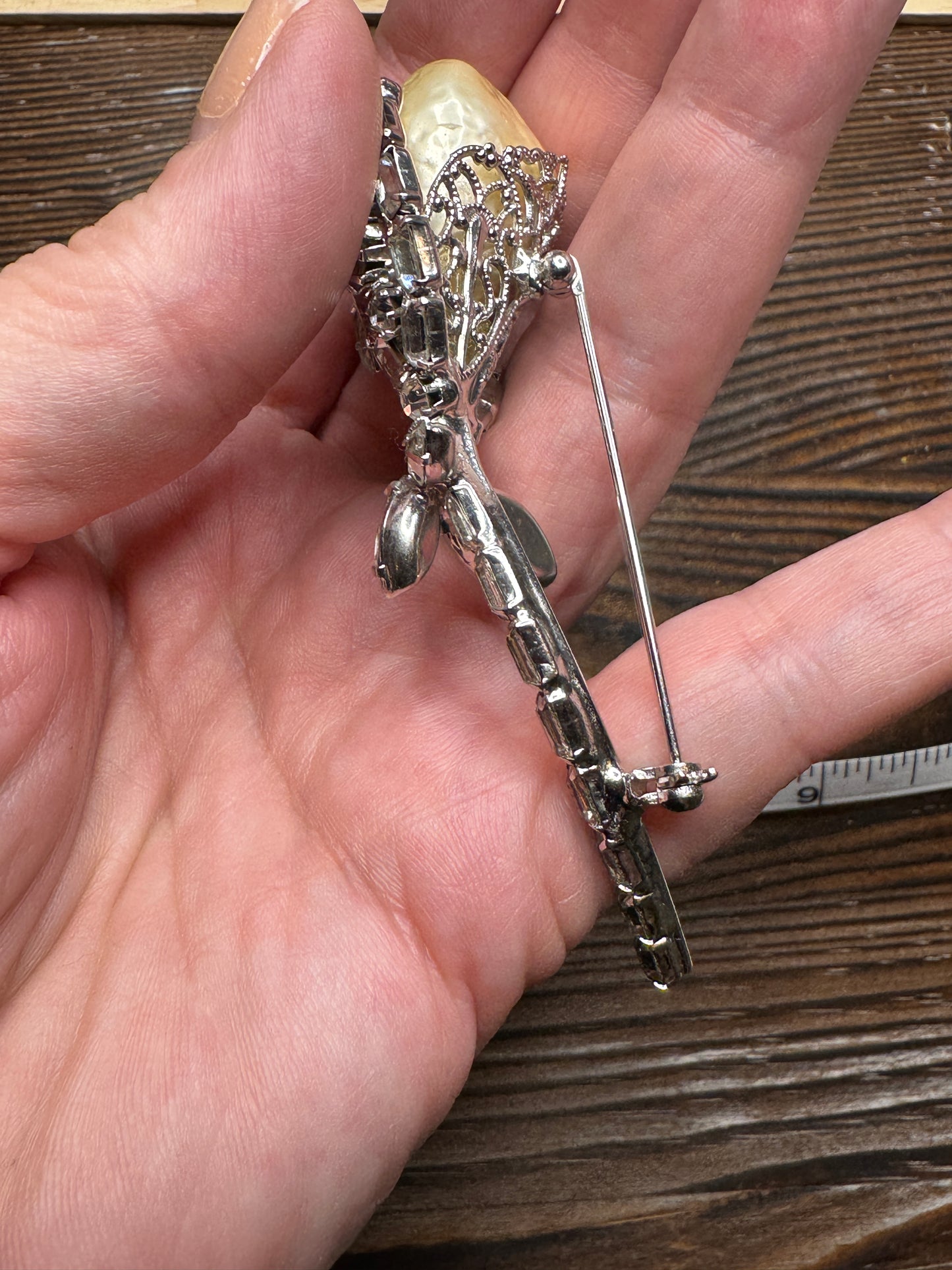 Vintage Faux Pearl Rhinestone Flower Brooch Pin Silver Tone Large