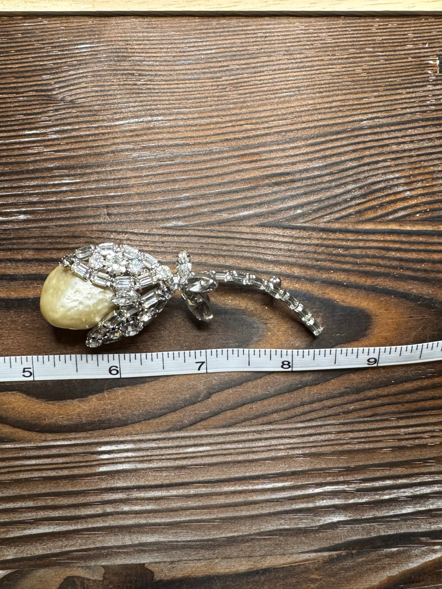 Vintage Faux Pearl Rhinestone Flower Brooch Pin Silver Tone Large