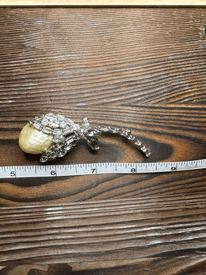 Vintage Faux Pearl Rhinestone Flower Brooch Pin Silver Tone Large