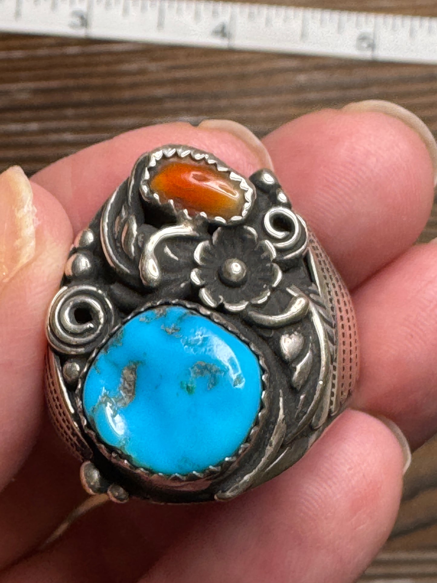 intage Native American Turquoise Coral Sterling Silver Ring Size