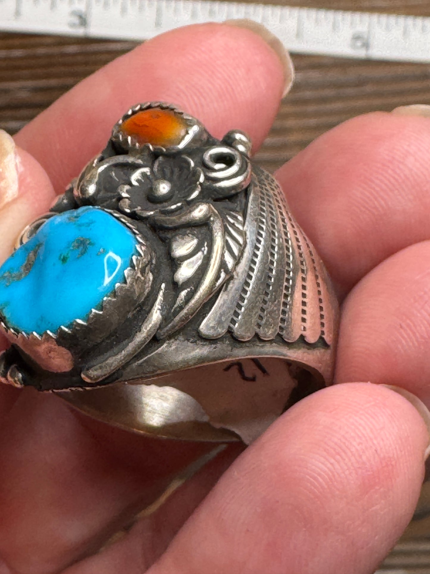 intage Native American Turquoise Coral Sterling Silver Ring Size
