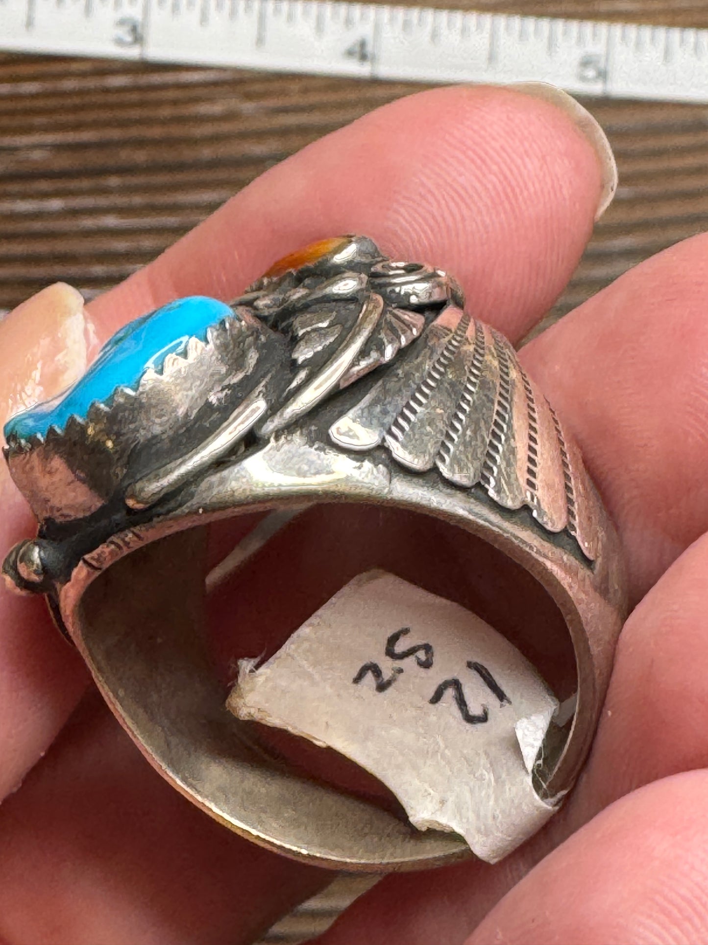 intage Native American Turquoise Coral Sterling Silver Ring Size