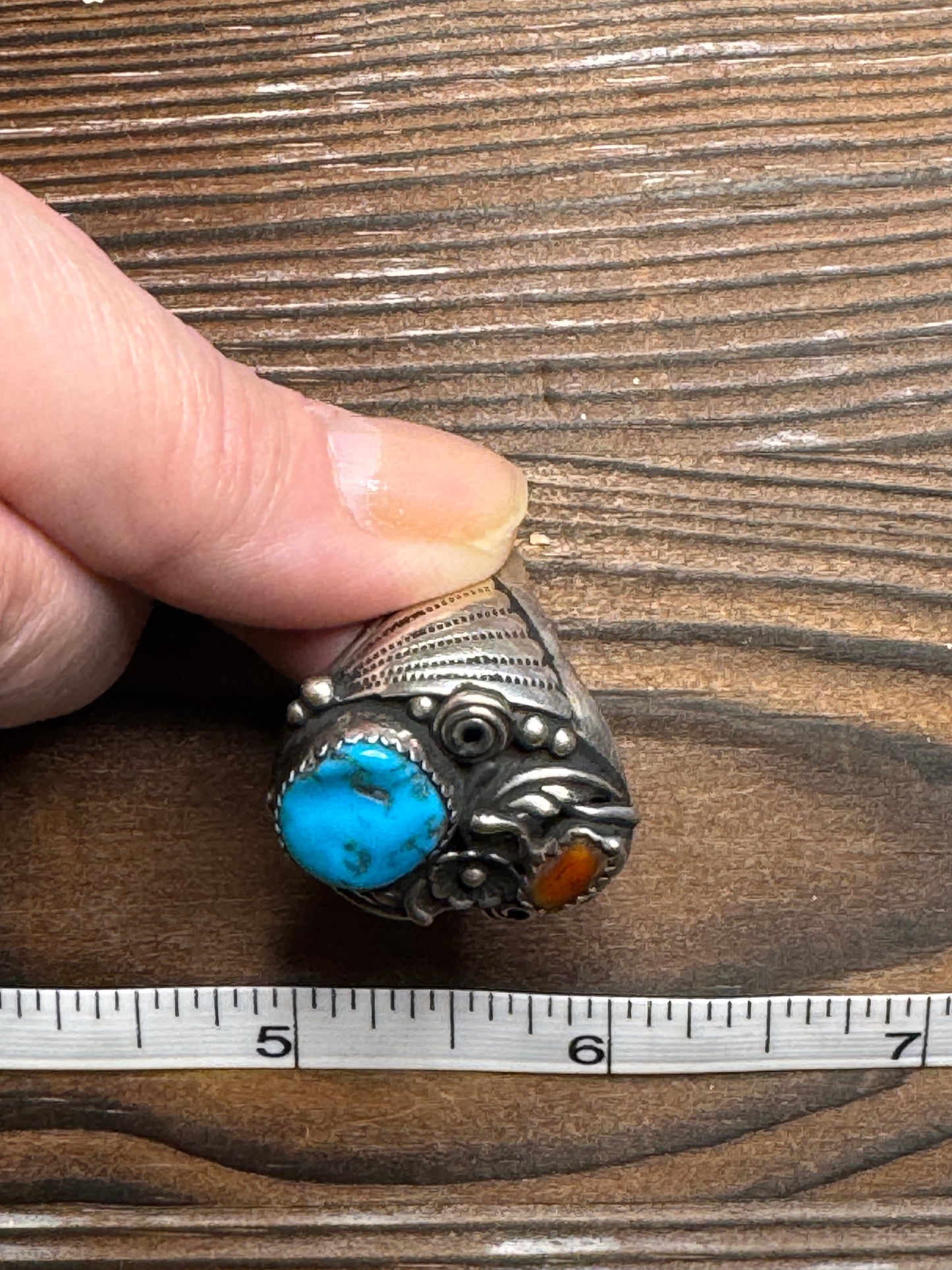 intage Native American Turquoise Coral Sterling Silver Ring Size
