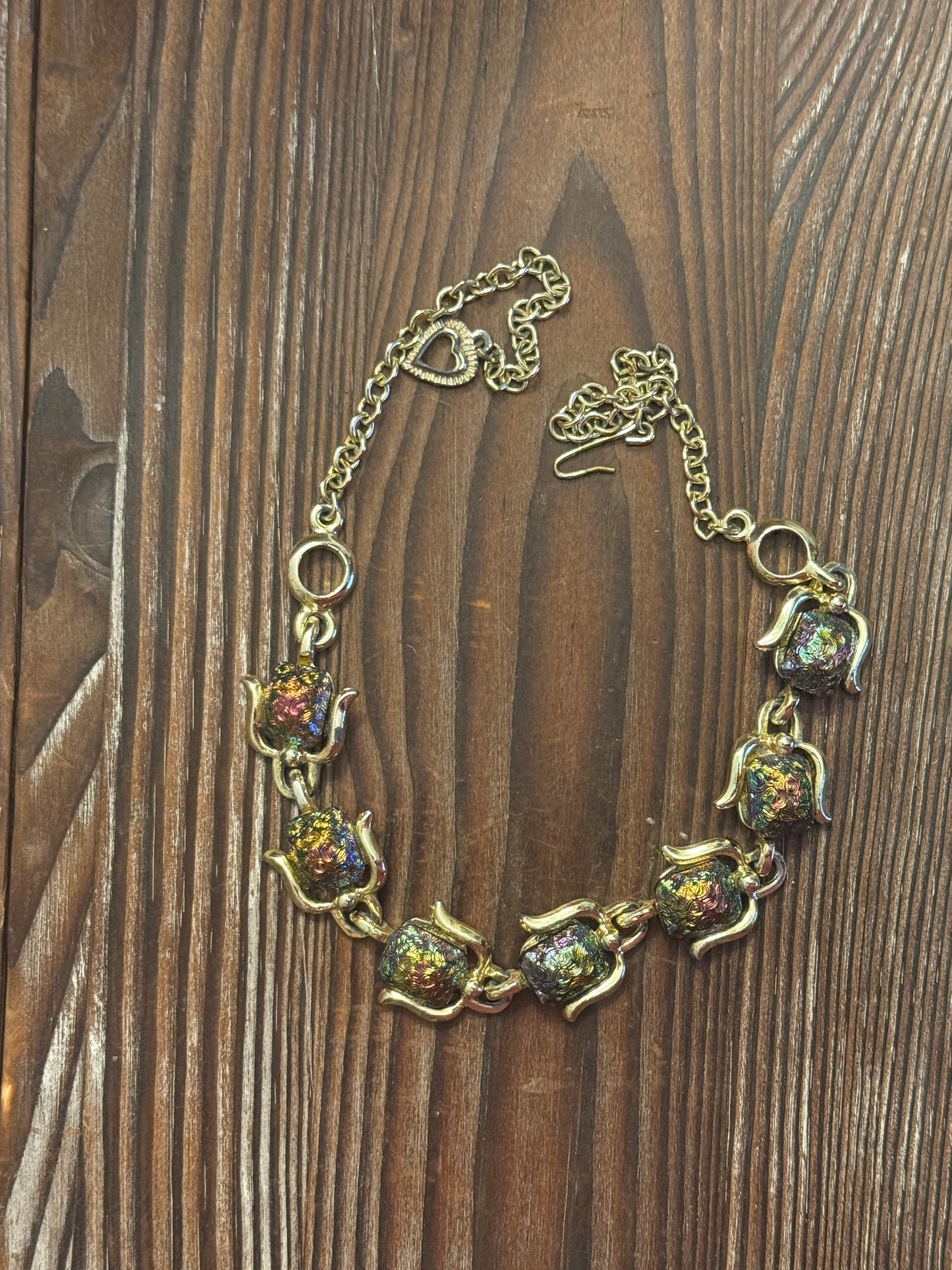 Vintage Iridescent Necklace - 1950s Rainbow Cabochon Gold Tone Chunky Link