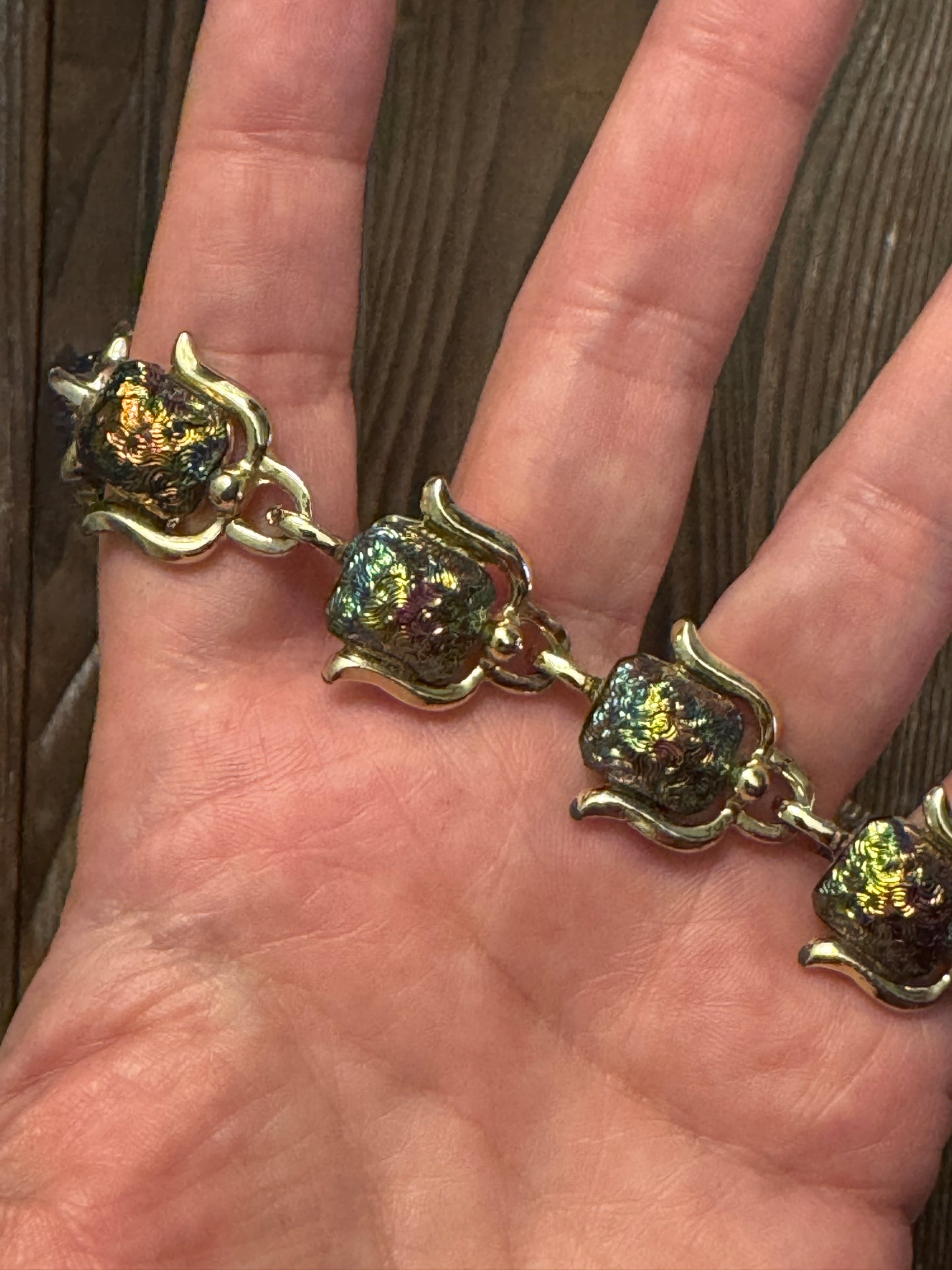 Vintage Iridescent Necklace - 1950s Rainbow Cabochon Gold Tone Chunky Link