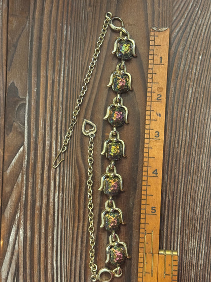 Vintage Iridescent Necklace - 1950s Rainbow Cabochon Gold Tone Chunky Link