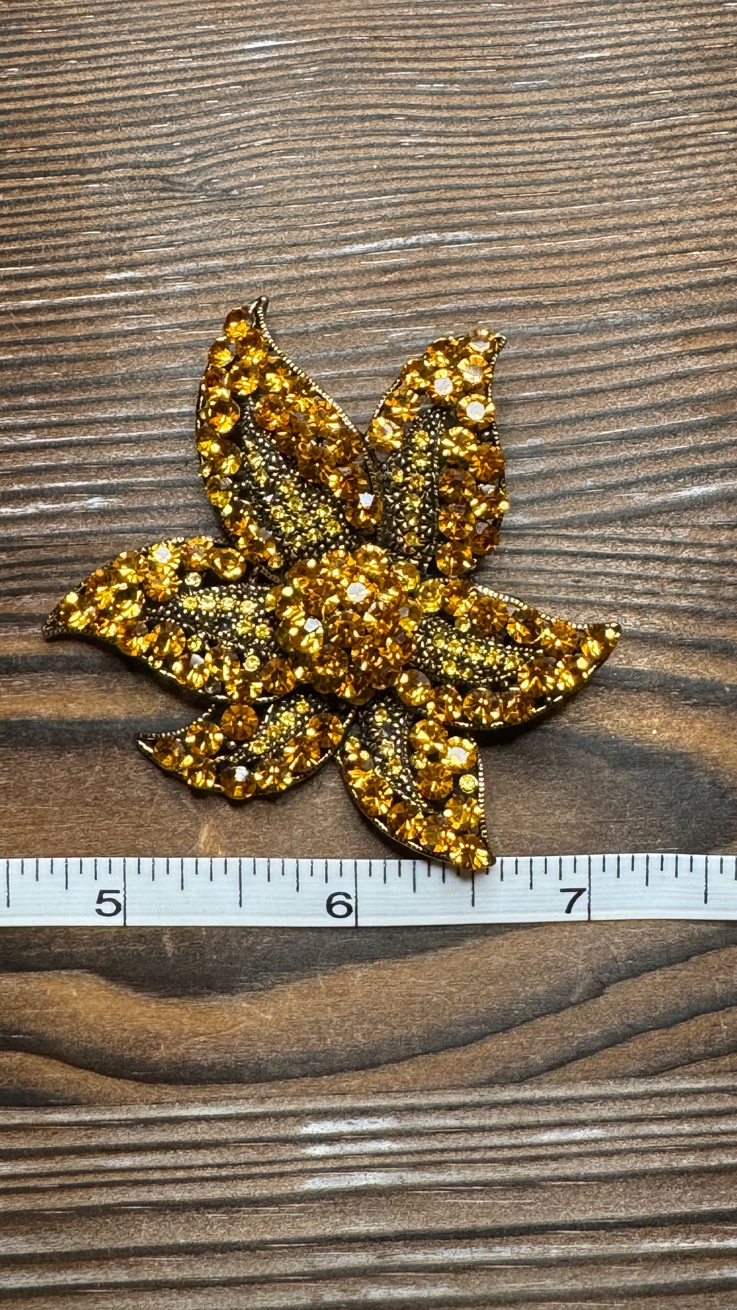 Vintage MZ Amber Topaz Rhinestone Leaf Brooch Pin Gold Tone Fall