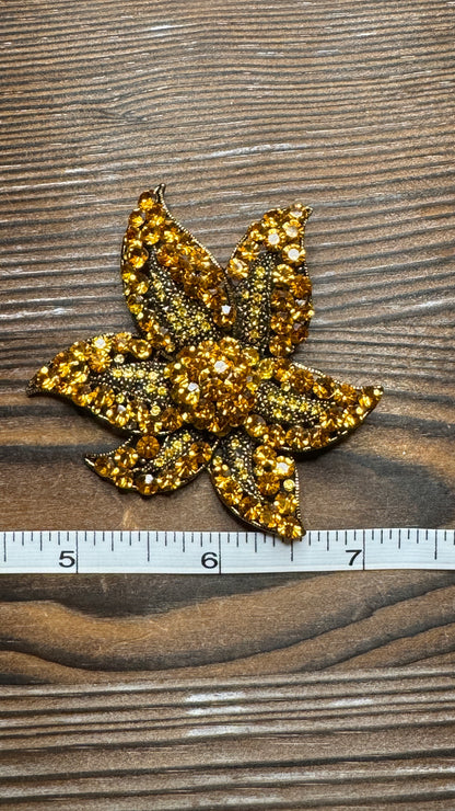 Vintage MZ Amber Topaz Rhinestone Leaf Brooch Pin Gold Tone Fall