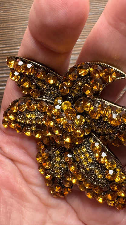 Vintage MZ Amber Topaz Rhinestone Leaf Brooch Pin Gold Tone Fall