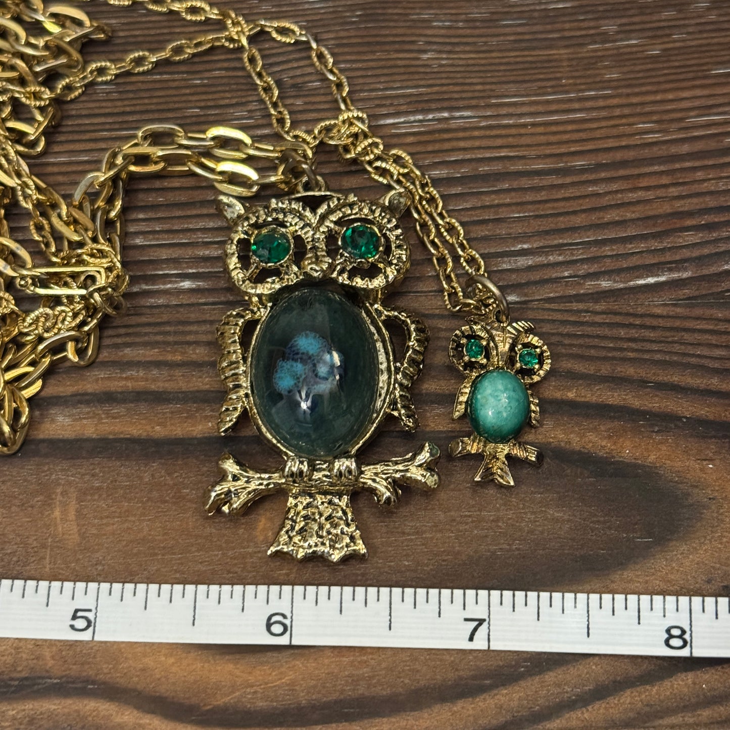 Vintage 70s Owl Agate Layered Necklace Earring Set Green Gold Boho