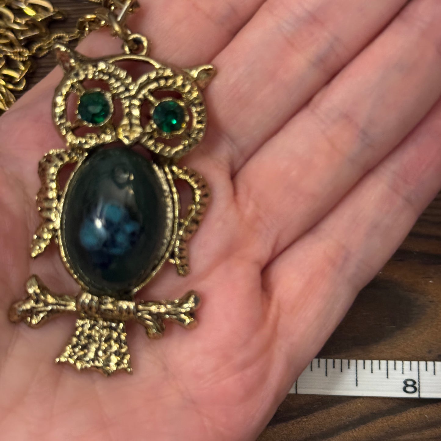 Vintage 70s Owl Agate Layered Necklace Earring Set Green Gold Boho