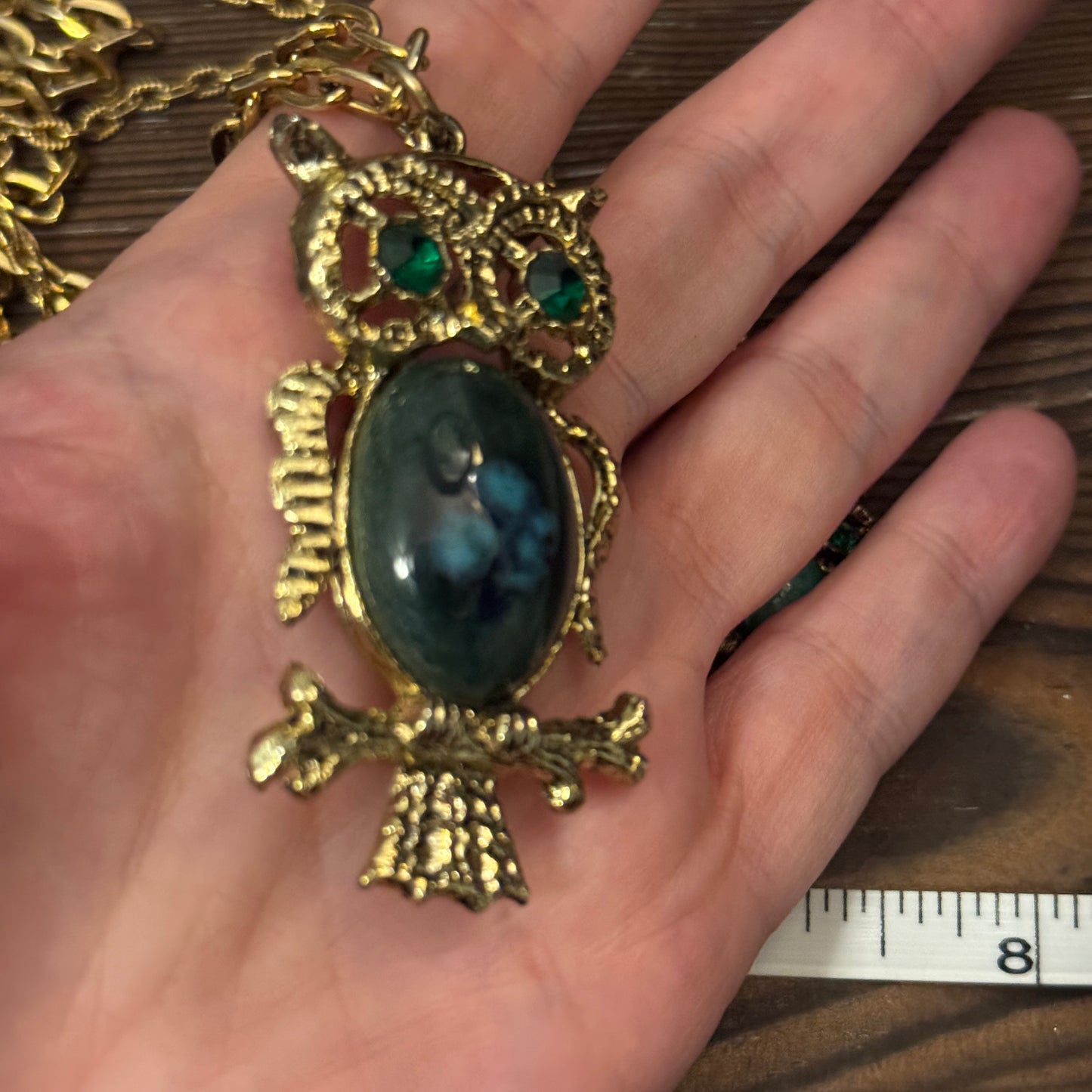 Vintage 70s Owl Agate Layered Necklace Earring Set Green Gold Boho