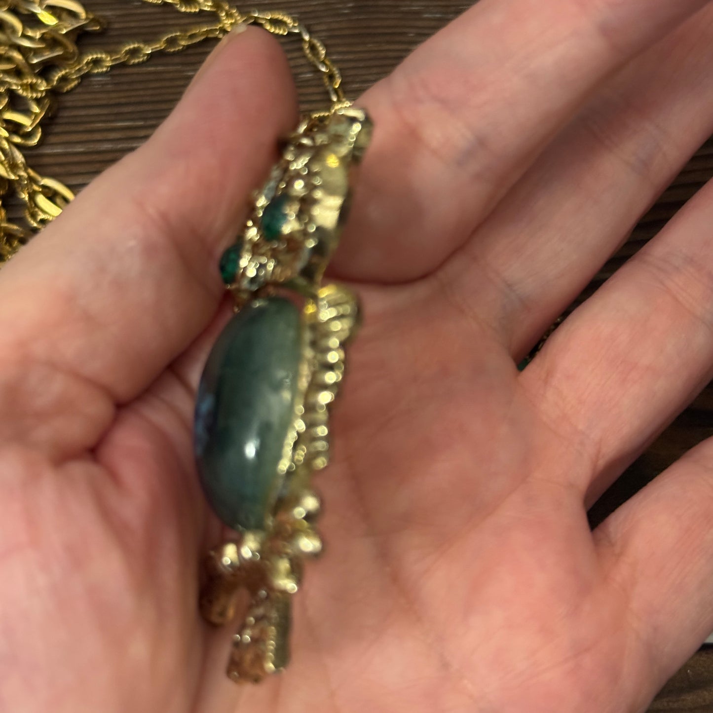 Vintage 70s Owl Agate Layered Necklace Earring Set Green Gold Boho