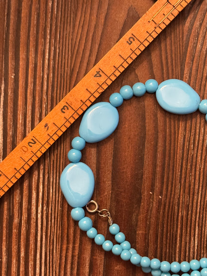 Vintage Blue Plastic Bead Necklace - 1960s Mod Style Graduated Turquoise Beaded Necklace