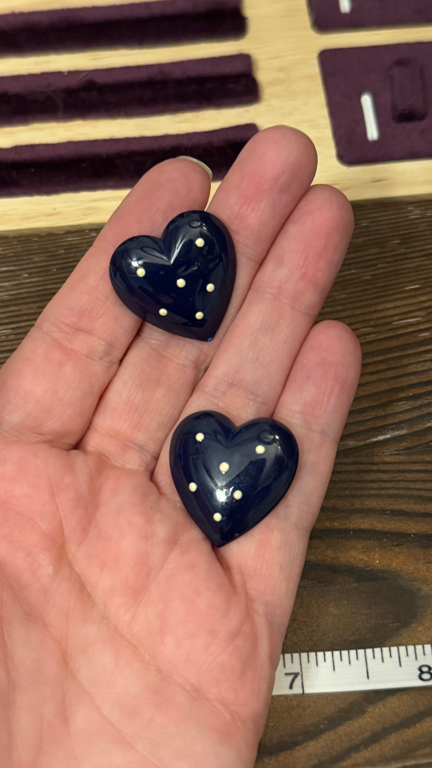 Vintage Navy Blue Enamel Heart Earrings Post Back Pearl Dots Preppy