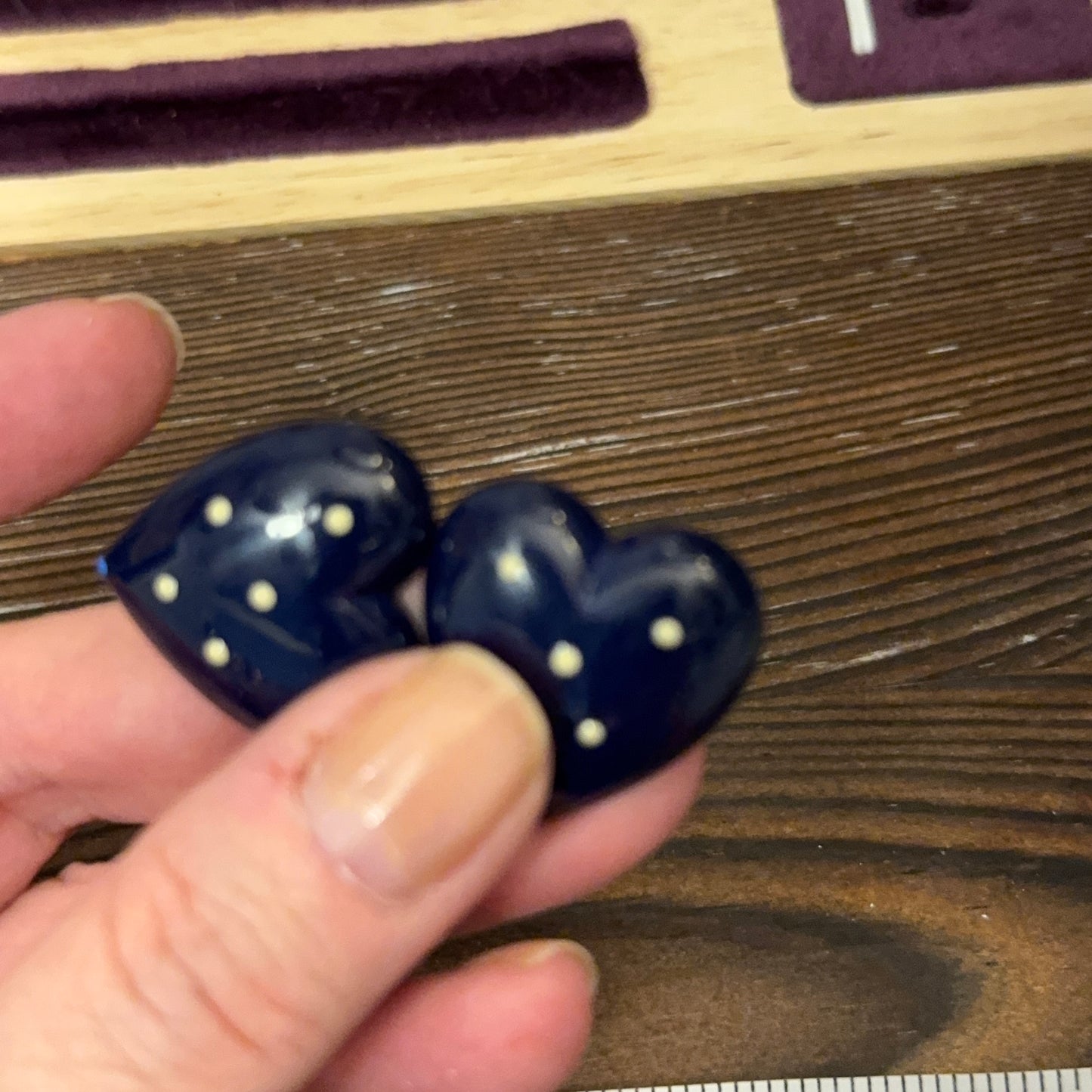 Vintage Navy Blue Enamel Heart Earrings Post Back Pearl Dots Preppy